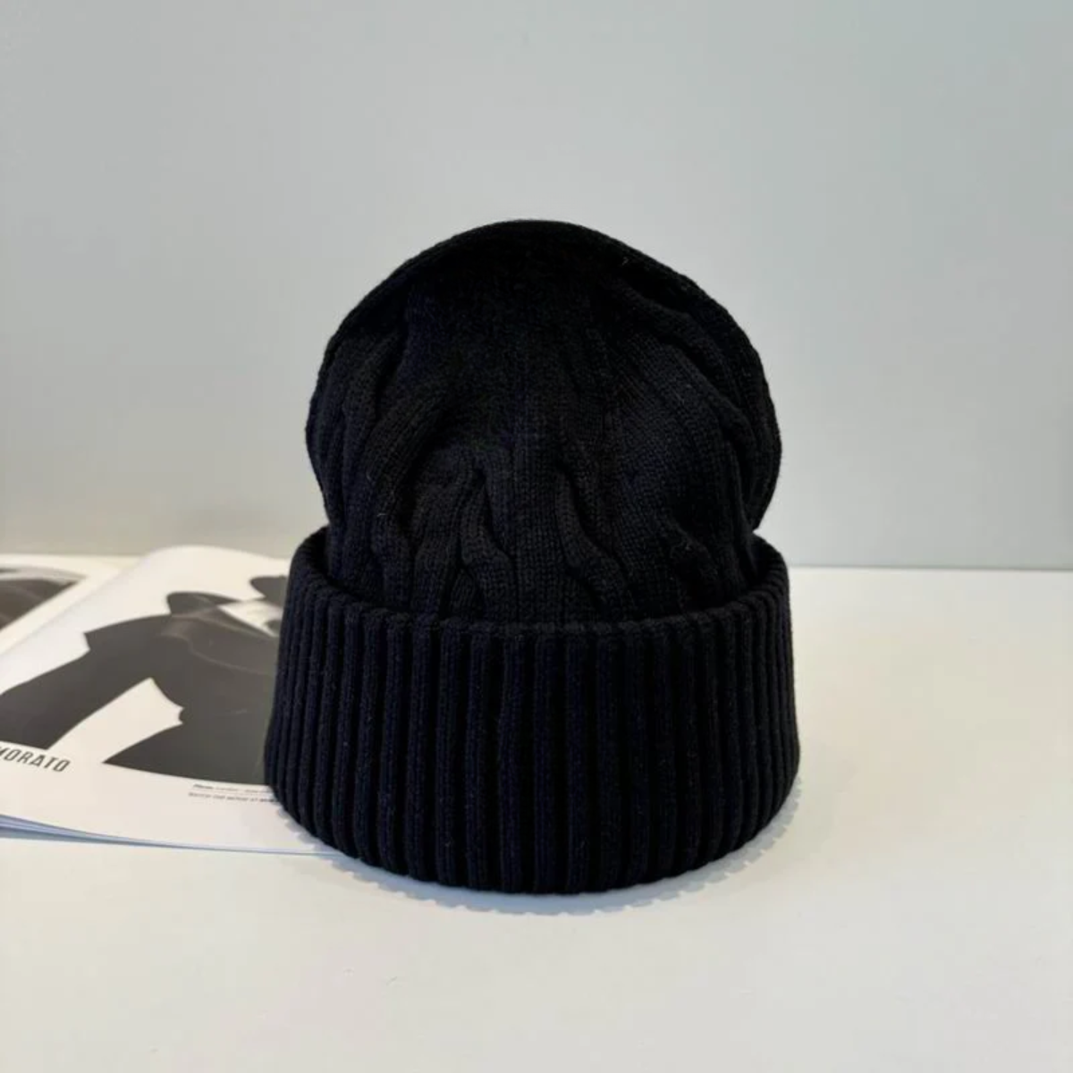 Premium Knit Beanie Hat with Embroidered Detail - Black