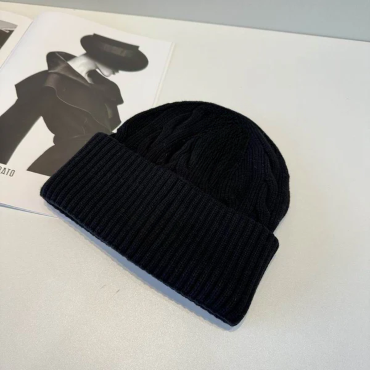 Premium Knit Beanie Hat with Embroidered Detail - Black